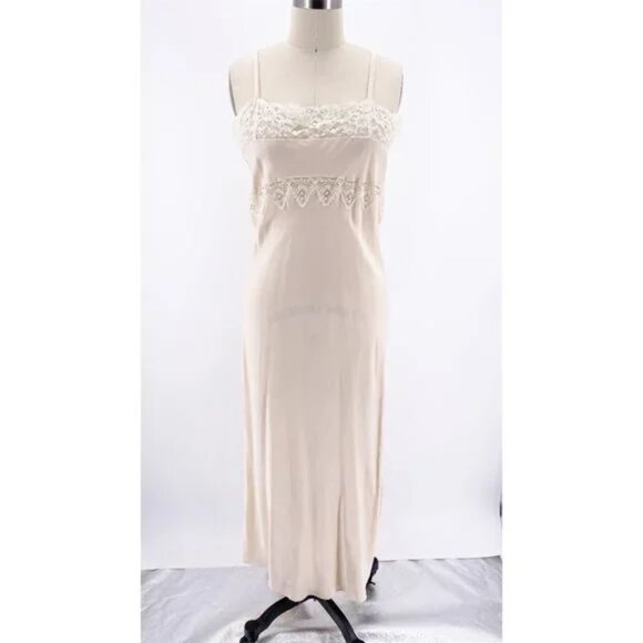 Vintage Silk Lace Slip Dress Nightgown Made in Spain Ivory Peach 42 Small Medium - Picture 1 of 16